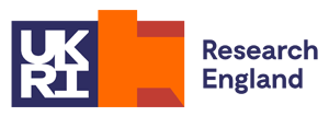 Abstrct blue, orange and red logo: UKRI, Research England